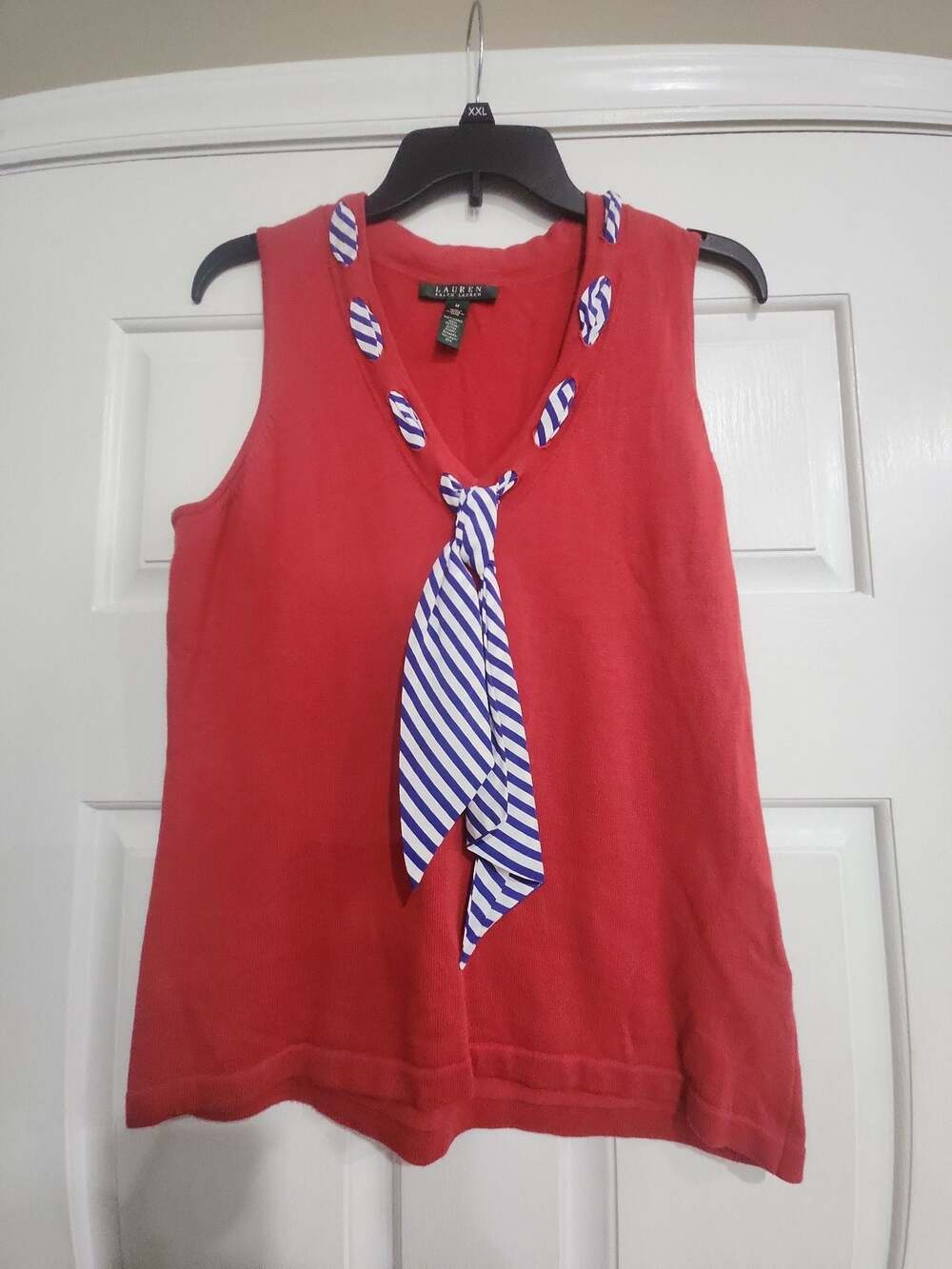 Lauren Ralph Lauren Sleeveless Red Knit Tank with Striped Silk Scarf Trim